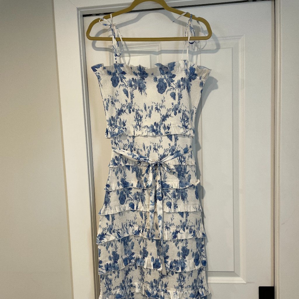 V. Chapman Lily Smocked Ruffle Trim Midi Dress Size 8 Provencal Blue Floral